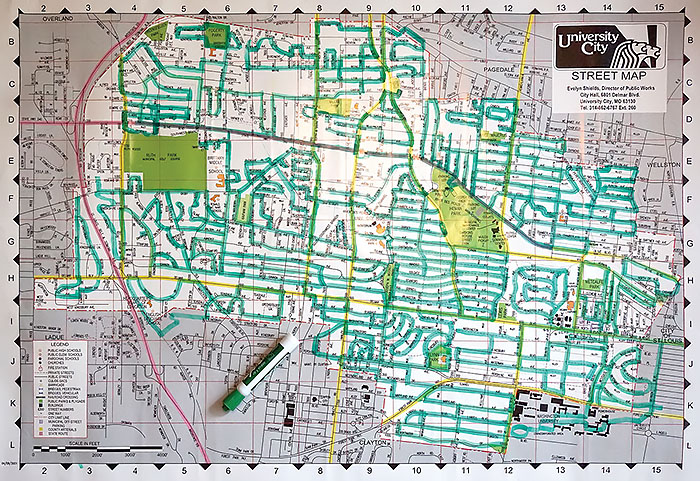 More than 100 miles down, Chris Paavola keeps his map of University City, Mo., close. He highlights the streets he has walked and prayed in an effort to cover the whole city in prayer.