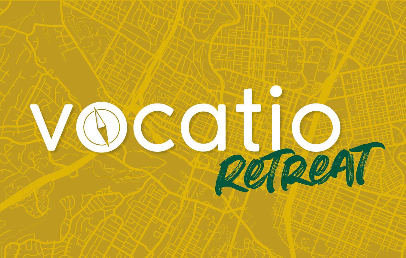 Vocatio: Retreat logo: white and green text over a yellow background of a muted city map